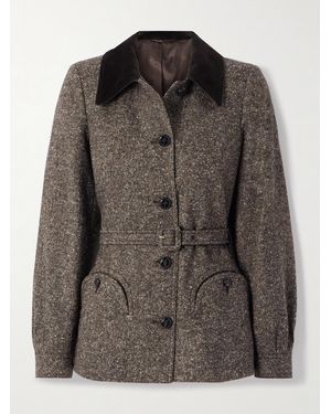 Blazé Milano Sarissa Belted Velvet-Trimmed Tweed Jacket - Brown