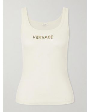 Versace Crystal And Bead-Embellished Logo-Embroidered Wool Tank - Natural