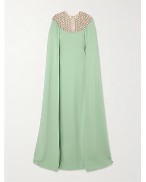 Oscar de la Renta Cape-Effect Crystal-Embellished Mesh-Trimmed Silk-Blend Georgette Gown - Green