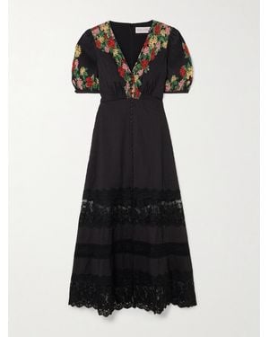 Saloni Lea Lace-Trimmed Floral-Print Pintucked Cotton-Voile Midi Dress - Black