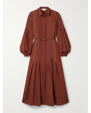 Gabriela Hearst Aleka Midi-Hemdblusenkleid Aus Leinen Mit Stickereien Und Gürtel - Rot