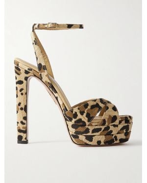 Aquazzura Divine Plateau 130 Leopard-Print Raffia Platform Sandals - Metallic
