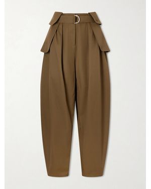 Loewe Belted Pleated Cotton And Silk-Blend Wide-Leg Pants - Green