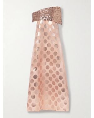 Dima Ayad Asymmetric Sequin-Embellished Draped Metallic Polka-Dot Brocade Gown - Pink