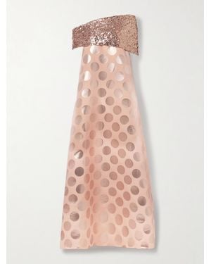 ‎Dima Ayad Asymmetric Sequin-Embellished Draped Metallic Polka-Dot Brocade Gown - Pink