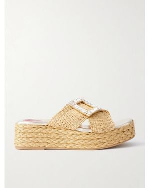 Roger Vivier 60 Embellished Raffia Platform Mules - Natural