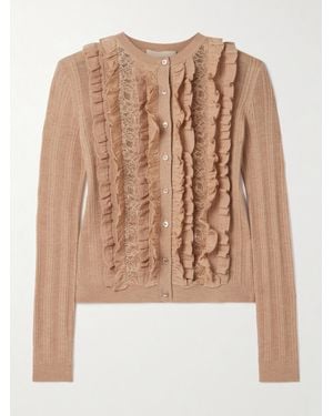 Ulla Johnson Maryel Cardigan Aus Gerippter Merinowolle Mit Spitzeneinsätzen Und Rüschen - Natur