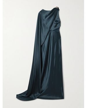 Saloni Phoenix Cape-Effect Crystal-Embellished Draped Satin Gown - Blue