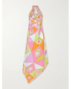 PUCCI Asymmetric Printed Silk-Twill Halterneck Dress - White