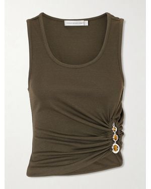 Christopher Esber Droplet Embellished Ruched Ribbed-Jersey Tank - Green