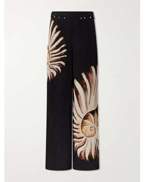 FARM Rio Ammonite Printed Embellished Habotai Wide-Leg Trousers - Black