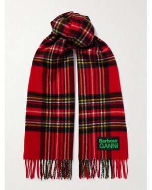Barbour Ganni Fringed Appliquéd Checked Wool Scarf - Red