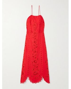 FARM Rio Embellished Broderie Anglaise Linen-Blend Midi Dress - Red