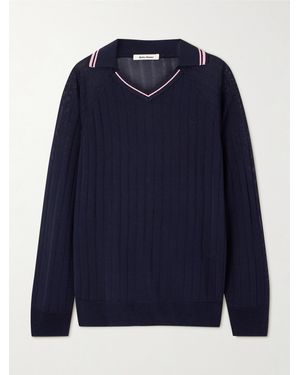 Wales Bonner Roots Embroidered Ribbed Polo Shirt - Blue