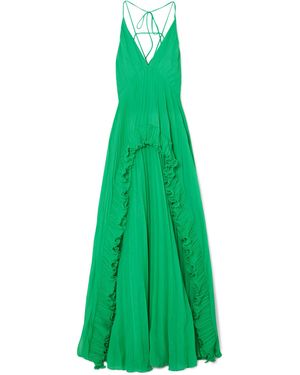 Halston Maxikleid Aus Plissiertem Chiffon Mit Rüschen - Grün