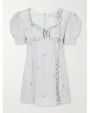 Alessandra Rich Floral-Print Ruffle-Trim Silk-Crepe Mini Dress - White