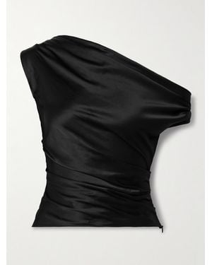 STAUD Phare One-Shoulder Draped Silk-Blend Satin Top - Black