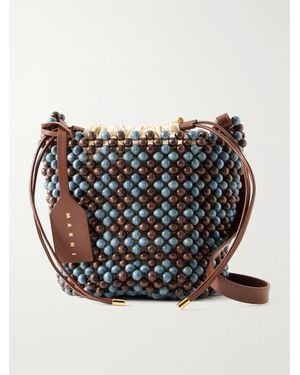 Marni Leather-Trimmed Beaded Wood And Canvas Tote - Black
