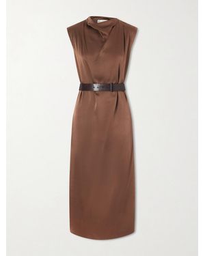 Brunello Cucinelli Belted Satin Midi Dress - Brown