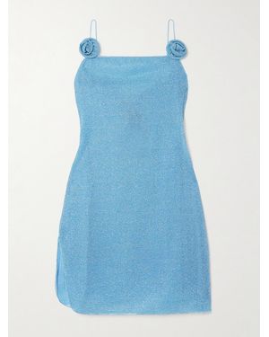 Oséree Lumière Rose Appliquéd Metallic Stretch-Knit Mini Dress - Blue