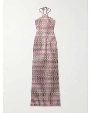 Missoni Mare Striped Sequined Crochet-Knit Halterneck Maxi Dress - Pink