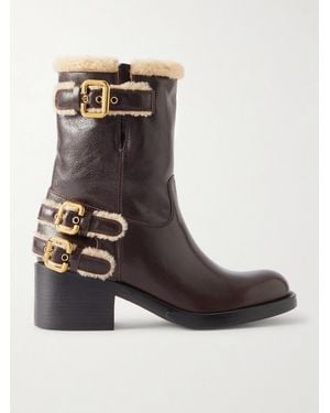 Chloé Dakota Buckled Shearling-Trimmed Leather Ankle Boots - Brown