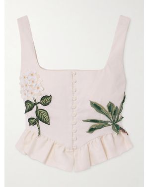 Agua Bendita Eslabon Appliquéd Embroidered Ruffled Linen Bustier Top - Natural