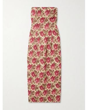 Posse Rosalie Strapless Pintucked Floral-Print Linen Midi Dress - Red