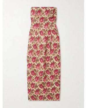 Posse Rosalie Strapless Pintucked Floral-Print Linen Midi Dress - Red