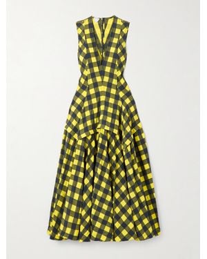Bottega Veneta Pleated Paneled Checked Cotton Midi Dress - Green