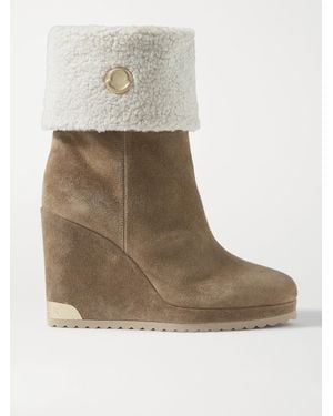 Moncler W Short Shearling-Lined Suede Wedge Ankle Boots - Brown