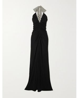 Petar Petrov Syros Striped Silk-trimmed Gathered Jersey Halterneck Maxi Dress - Black