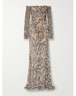 Oscar de la Renta Off-the-shoulder Appliquéd Sequined Tulle Gown - Natural