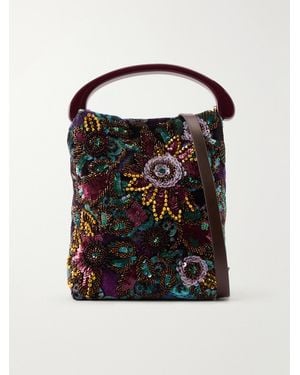 Dries Van Noten Bead-Embellished Printed Leather-Trimmed Velvet Tote - Black