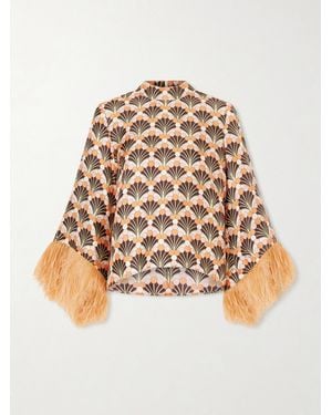 La DoubleJ Make An Exit Feather-Trimmed Printed Silk-Twill Top - Natural