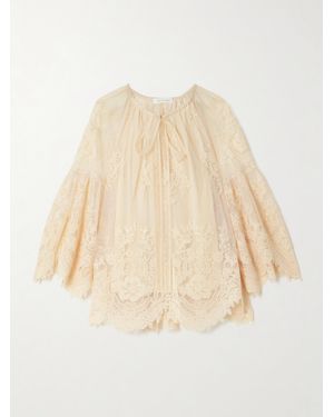 Zimmermann Hypnotic Tie-Neck Flocked Lace Blouse - Natural