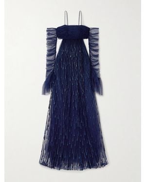 Sandra Mansour Samhain Cutout Swiss-Dot And Glittered Tulle Gown And Gloves Set - Blue