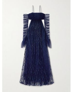 Sandra Mansour Samhain Cutout Swiss-Dot And Glittered Tulle Gown And Gloves Set - Blue