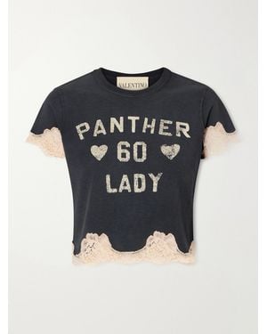 Valentino Garavani Cropped Printed Lace-Trimmed Cotton-Jersey T-Shirt - Black