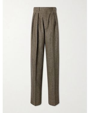 Saint Laurent Pleated Herringbone Wool-Blend Straight-Leg Trousers - Natural