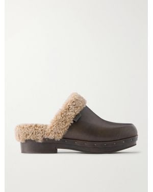 Brunello Cucinelli Monili-Embellished Shearling-Trimmed Leather Clogs - Brown