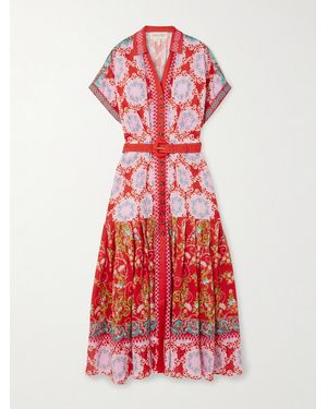 Saloni Riya Belted Pleated Floral-Print Linen-Voile Dress - Red