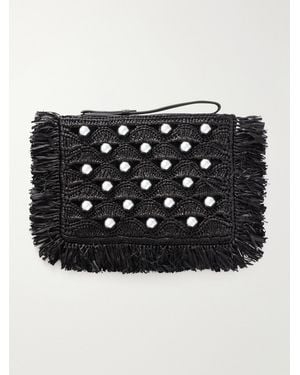 Rabanne Fringed Studded Raffia Clutch - Black