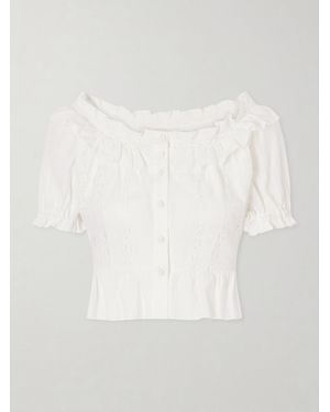 Loretta Caponi Terracina Ruffled Lace-Trimmed Cotton-Poplin Blouse - White