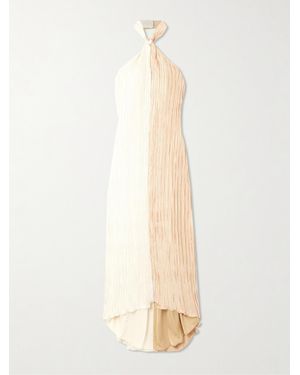 Dima Ayad Knotted Plissé-Satin Halterneck Maxi Dress - White