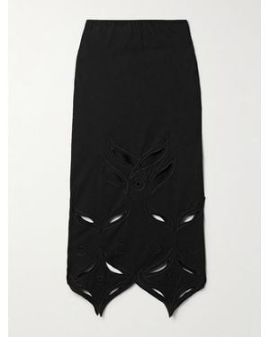 Conner Ives Schiffli Cutout Appliquéd Embroidered Cotton-Jersey Midi Skirt - Black