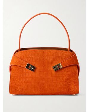 Ferragamo Hug Small Embellished Croc-Effect Suede Tote - Orange