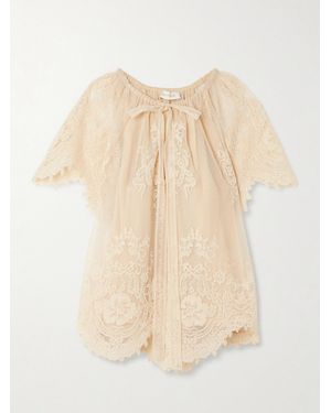 Zimmermann Luna Scalloped Gathered Lace And Point D'Esprit Blouse - Natural