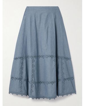Ulla Johnson Lucia Embroidered Mesh-Trimmed Cotton-Chambray Midi Skirt - Blue