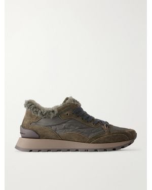 Brunello Cucinelli Shearling-Trimmed Shell And Suede Sneakers - Brown